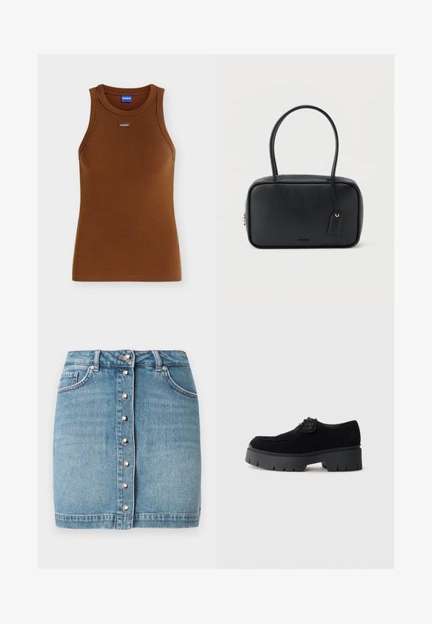 Brun ribbet ærmeløs tanktop med rund halsudskæring og lille HUGO-logo-mærke midt foran under kraven.; Lyseblå denim mininederdel med frontknaplukning i sølvfarvet metal, to forlommer og en frynset kant.; Sorte ruskinds snørebåndssko med en tyk sort gummisål, der har et rillemønster. Indeholder et rundt sort logo-patch på tungen.; Sort rektangulær håndtaske med dobbelte runde håndtag, gylden lynlås og præget "HUGO"-logo foran med fastgjort lædermærke.