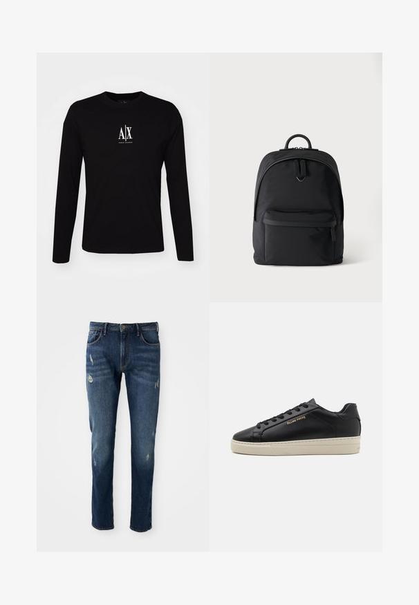 Zwarte langslavende T-shirt van katoen met een ronde hals. Heeft een wit logo "A|X" gecentreerd op de borst. Eenvoudig ontwerp, minimale accenten.; Donkerblauwe denim jeans met slim fit, lichte slijtage op de dijen en knieën, klassiek vijf-pocket ontwerp en knoopsluiting.; Zwarte leren sneaker met een gladde afwerking, contrasterende crèmekleurige zool, ronde neus, gouden logo aan de zijkant en zes gaatjes voor veters.; Zwarte rugzak met een voorvak met rits, hoofdvak met dubbele rits en een klein metalen logo onder de hoofdritsgrepen.
