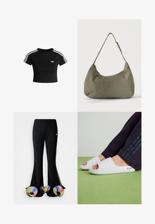 Schwarzes cropped T-Shirt mit weißen dreifachen Streifen auf den Schultern und Adidas-Trefoil-Logo auf der linken Brust.; Schwarze Sporthosen mit weit ausgestelltem Design. Sie haben farbenfrohe, gerüschte untere Säume und weiße Seitenstreifen. Hergestellt aus dehnbarem Stoff.; Weiße Gummisandalen mit drei strukturierten horizontalen Streifen, einer abgerundeten Zehenpartie und einem auf der Seite gedruckten Logo, kombiniert mit dunklen Jeans.; Olivgrüne weiche Stoff-Schultertasche mit Reißverschluss und verstellbarem Tragegurt vor einfarbig hellem Hintergrund.