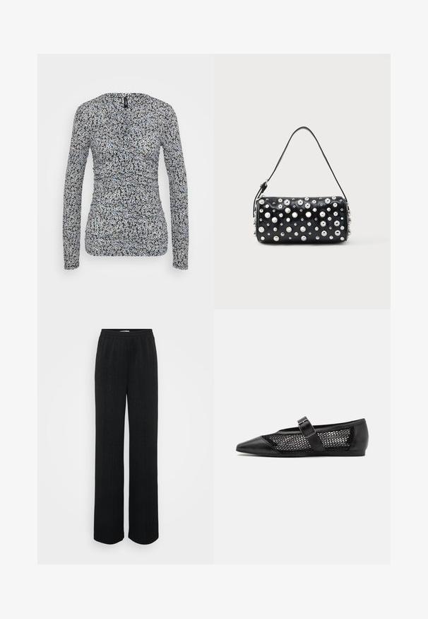 ONLY Tall ONLPELLA RUCHING - T-shirt à manches longues - black; Pantalons larges noirs en tissu texturé avec des rayures verticales et une taille élastique pour le confort.; Chaussure plate noire avec un bout pointu, panneaux latéraux en maille et une sangle avec une boucle décorative. Fini lisse sur les sections du bout et du talon.; Sac à main en cuir noir à forme arrondie, orné de clous argentés. Comprend une bandoulière amovible et une fermeture éclair. Texture lisse.