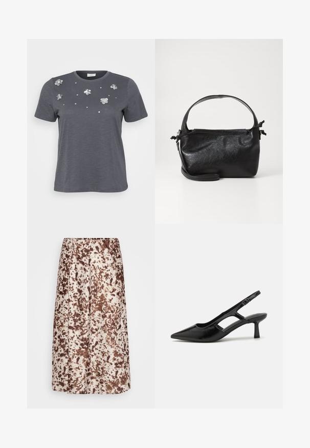 Grå bomulds T-shirt med korte ærmer, prydet med metallic blomsterapplikationer og palietter arrangeret på forsiden. Blød tekstur, afslappet pasform.; Midikjole lavet af glat stof, med en cremet bund og brune, sprøjtelignende mønstre. Elastisk linning for komfort.; Sorte slingback hæle med spidse tæer, lavet af blankt materiale, med udskæringsdetaljer og en moderat hæl for støtte.; Sort læderhåndtaske med et struktureret design, rund tophåndtag og aftagelig skulderrem. Den har en glat tekstur og en subtil glans.