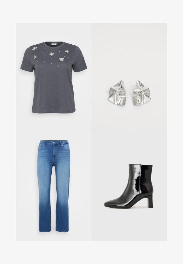 Camiseta de algodón gris con mangas cortas, con aplicaciones metálicas de flores y lentejuelas dispuestas en el frente. Textura suave, corte holgado.; Jeans de mezclilla de color azul claro con corte recto, diseño de cinco bolsillos y un efecto desgastado en el dobladillo. Cierre de botón en la cintura.; Botín de charol negro con punta afilada y un tacón de bloque de altura media. Textura suave y diseño minimalista.; Pendientes de metal plateado con un diseño ondulado y escultórico, que presentan un acabado pulido y formas irregulares, destacando una estética contemporánea.