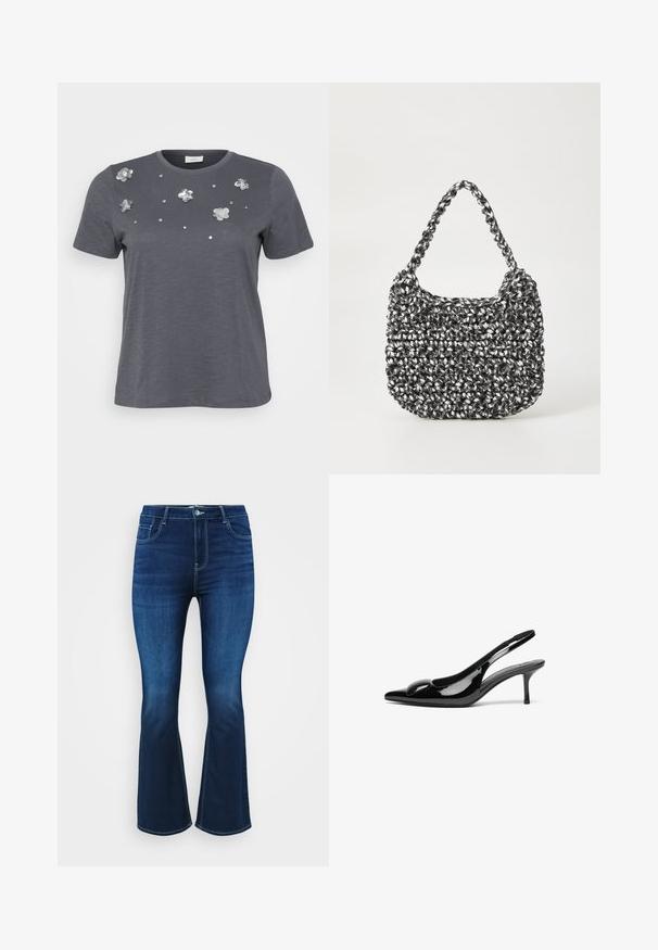 Camiseta de algodón gris con mangas cortas, con aplicaciones metálicas de flores y lentejuelas dispuestas en el frente. Textura suave, corte holgado.; Jeans de campana en azul oscuro, fabricados en denim, que cuentan con un diseño de cinco bolsillos, cremallera con botón y costuras contrastantes a lo largo de las costuras.; Tacones slingback de charol negro con punta afilada y acabado brillante. Presentan un tacón delgado y un acento redondeado en el empeine.; Bolso de mano tejido en blanco y negro con forma redondeada, superficie texturizada y asa trenzada. Adecuado para uso casual.