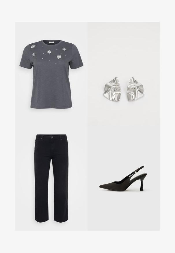 Graues Baumwoll-T-Shirt mit kurzen Ärmeln, verziert mit metallischen Blumenapplikationen und Pailletten, die auf der Vorderseite angeordnet sind. Weiche Textur, lässige Passform.; Schwarze Denim-Jeans mit einem geraden Bein-Design. Merkmale sind ein Knopfverschluss an der Taille, Gürtelschlaufen und Vorder-/Gesäßtaschen. Glatte Textur.; Schwarze Slingback-Absatzschuhe mit spitzem Zehenbereich, glattem, mattem Finish und schmalem, glanzvollem Absatz. Verstellbarer Riemen mit kleiner Schnallen-Detail.; Silberne Metallohrringe mit einem wellenförmigen, skulpturalen Design, das eine polierte Oberfläche und unregelmäßige Formen aufweist, die eine zeitgenössische Ästhetik betonen.