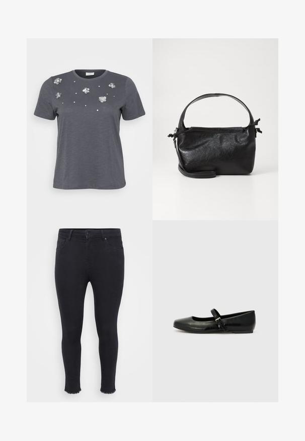 Grå bomulds T-shirt med korte ærmer, prydet med metallic blomsterapplikationer og palietter arrangeret på forsiden. Blød tekstur, afslappet pasform.; Sorte tætsiddende jeans lavet af denim med en frynset kant ved anklen, to forlommer og en knaplukning i taljen.; Sorte læder balletflade med rund tå, flad sål og en tynd justerbar rem over svangen med en metalspænde.; Sort læderhåndtaske med et struktureret design, rund tophåndtag og aftagelig skulderrem. Den har en glat tekstur og en subtil glans.
