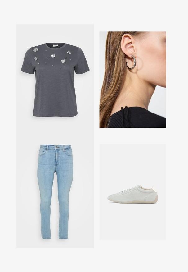 Grå bomulds T-shirt med korte ærmer, prydet med metallic blomsterapplikationer og palietter arrangeret på forsiden. Blød tekstur, afslappet pasform.; Lyseblå denimjeans med slim fit, der har fem lommer, bæltestropper og en standard lynlås med knaplukning.; Lysegrå ruskindssneaker med lavprofil-design, snørelukning og blød beige gummisål. Diskrete syningsdetaljer tilfører tekstur.; Sølv hoop ørestik med en poleret overflade, prydet med små guld accenter og en rund form, båret på øreflippen.