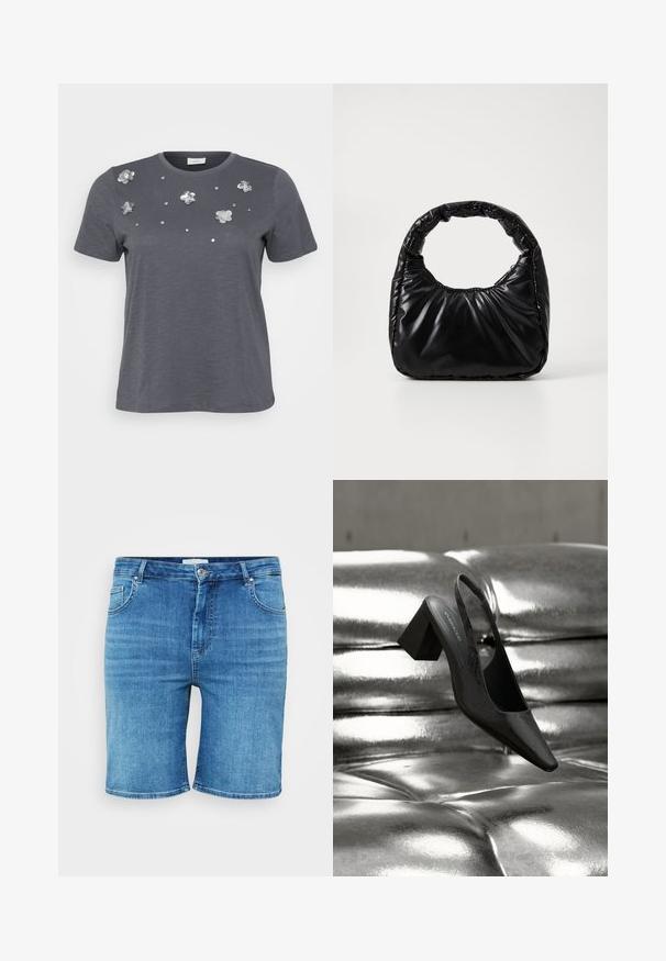 Hallikas puuvillane t-särk lühikeste varrukatega, millel on esiküljel metallilised lillemotiivid ja sädelevad aatsed. Pehme tekstuur, mugav lõige.; Keskmise sinise värvi denim-lühikesed püksid, otse lõikega, viie taskuga disainiga ja nupukinnitusega. Pehme tekstuur, puhas äär.; Mustad sling-tagant rihmikoonik terava varbaosaga, millel on tekstuurse pinnaga ja jäme plokkkonts. Asetatud läikiva, metallilise tausta kohale.; Must mustaga, millel on ümar käepide, särav ja sile pind ning pehme quiltitud tekstuur. Nähtavaid metallosi ega aktsente ei ole.