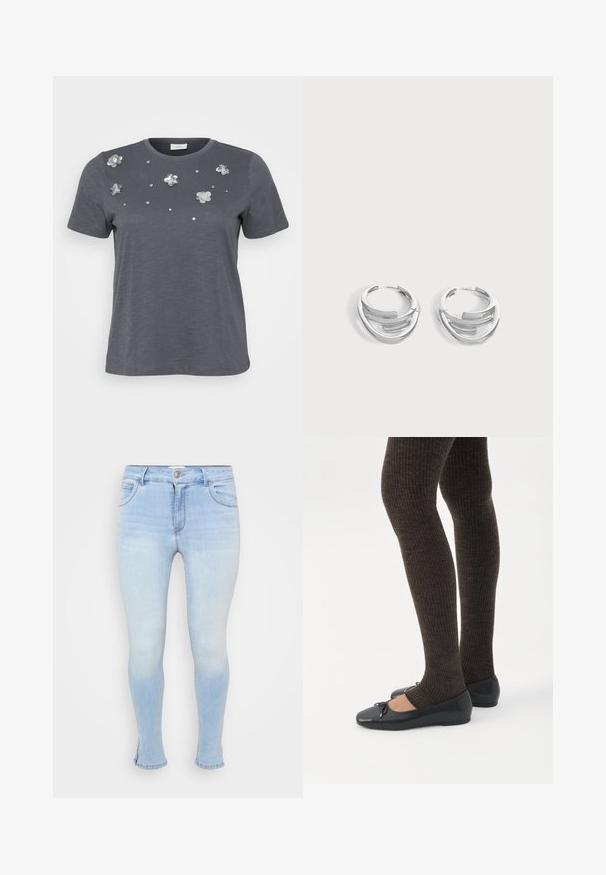 Camiseta de algodón gris con mangas cortas, con aplicaciones metálicas de flores y lentejuelas dispuestas en el frente. Textura suave, corte holgado.; Jeans skinny azul claros de denim, con cinco bolsillos, cierre de botón y cremallera, y ligeramente deslavados para un aspecto usado.; Piernas con leggings oscuros acanalados combinados con bailarinas negras que presentan pequeños detalles de lazo sobre un fondo blanco.; Par de pendientes de aro plateados pulidos con diseño de barra curva en capas sobre un fondo claro y liso.