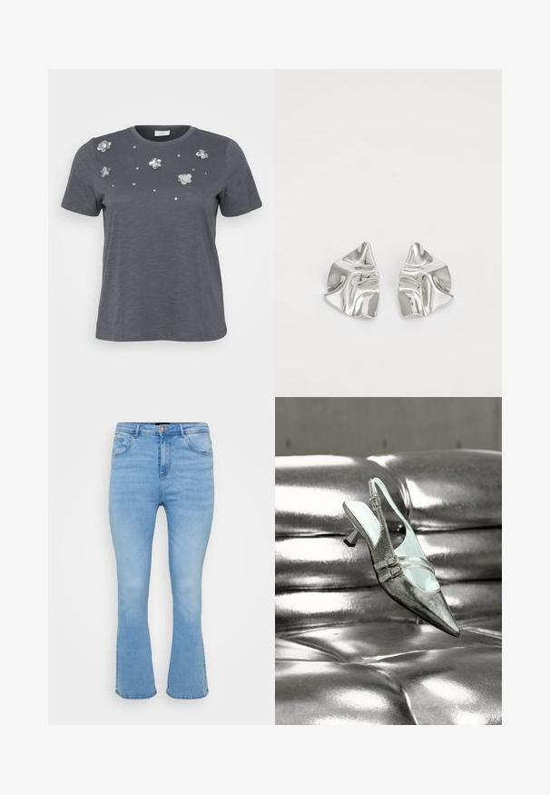 Grå bomulds T-shirt med korte ærmer, prydet med metallic blomsterapplikationer og palietter arrangeret på forsiden. Blød tekstur, afslappet pasform.; Lyseblå flagrende jeans i denim af bomuld. Features høj talje, fem lommer og synlige sømme langs sømme og kant.; Sølv høje hæle slingback sko med to spænder, hvilende på en skinnende, tuftet sølv læderoverflade.; Sølvmetal øreringe med et bølgende, skulpturelt design, der har en poleret overflade og uregelmæssige former, hvilket fremhæver en moderne æstetik.
