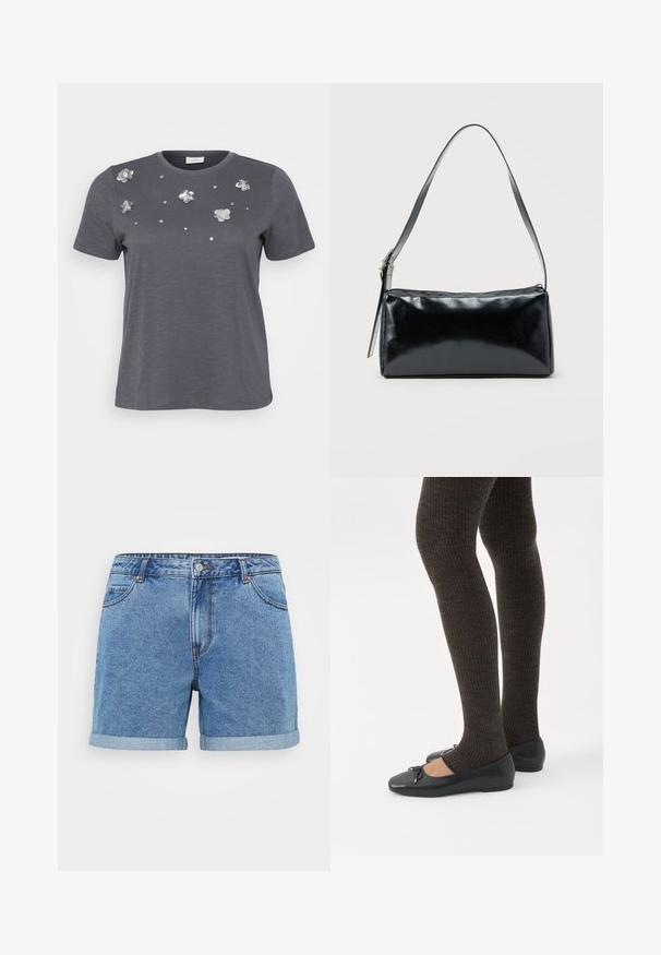 Grå bomulds T-shirt med korte ærmer, prydet med metallic blomsterapplikationer og palietter arrangeret på forsiden. Blød tekstur, afslappet pasform.; Lysblå denimshorts med opfoldet kant, fem-lomme design, knaplukning og syede detaljer. Fremstillet af bomuldsstof.; Ben iført mørke ribbede leggings kombineret med sorte balletsko med små sløjfedetaljer på hvid baggrund.; Sort rektangulær skuldertaske med en enkelt justerbar rem og lynlås i toppen på en ensfarvet baggrund.