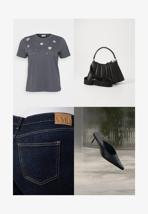 Grå bomulds T-shirt med korte ærmer, prydet med metallic blomsterapplikationer og palietter arrangeret på forsiden. Blød tekstur, afslappet pasform.; Mørkeblå denimjeans med synlige orange syninger og en brun læderlap med mærket "VMD" over den bageste højre lomme.; Sort mule sko med spids tå og tynd høj hæl, der svæver over en glat beton gulv med en sløret baggrund med lodrette striber.; Sort plisseret handbag med et rundet håndtag, justerbar rem og blank overflade. Har sølvfarvet hardware og en struktureret silhuet.