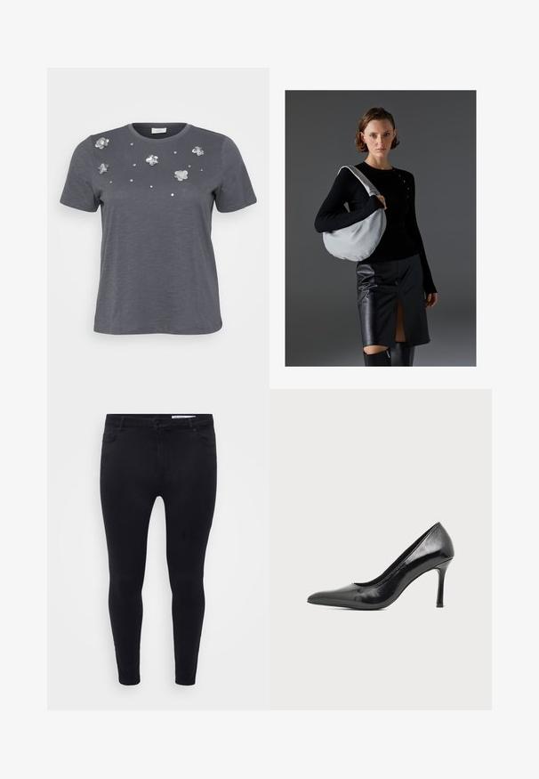 Grå bomulds T-shirt med korte ærmer, prydet med metallic blomsterapplikationer og palietter arrangeret på forsiden. Blød tekstur, afslappet pasform.; Sorte slim-fit jeans lavet af strækbart denim, med en frontlukkedrag og bælteløkker, samt fem lommer med en glat overflade.; Sort laklæder damestilet med spids tå og slank hæl på en ensartet lys baggrund.; Hobo taske i lysegrå, blødt materiale, rund form. Stylet med en sort langærmet top og en sort lædernederdel med en forkantsslids.