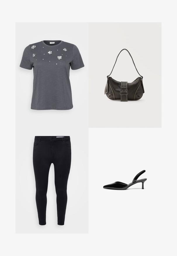 Grijze katoenen t-shirt met korte mouwen, met metalen bloemenappliqués en pailletten die op de voorkant zijn aangebracht. Zachte structuur, comfortabele pasvorm.; Zwarte slim-fit jeans van rekbare denim, met een sluiting aan de voorkant met een knoop, riemlussen en vijf zakken met een gladde textuur.; Zwarte gepolijste leren slingback hakken met een puntige neus, een lage stiletto hak en een elegant, eenvoudig ontwerp zonder versieringen.; Zwarte leren schoudertas met gespsluiting aan de riem, afgeronde hoeken en contrasterende witte stiksels op een effen achtergrond.