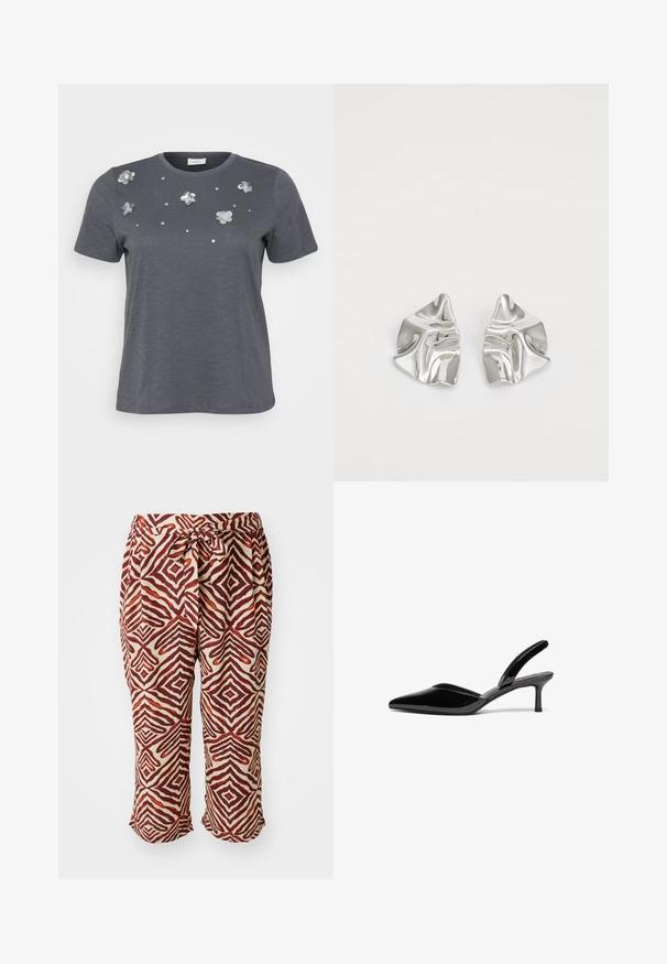 Grå bomulds T-shirt med korte ærmer, prydet med metallic blomsterapplikationer og palietter arrangeret på forsiden. Blød tekstur, afslappet pasform.; Røde og brune mønstrede bukser med elastisk talje. Har et geometrisk motiv på en lys baggrund. Længde til midt på læggen, letvægtsstof.; Sorte patentlæder slingback hæle med spids tå, lav stiletto hæl og et elegant, enkelt design uden pynt.; Sølvmetal øreringe med et bølgende, skulpturelt design, der har en poleret overflade og uregelmæssige former, hvilket fremhæver en moderne æstetik.