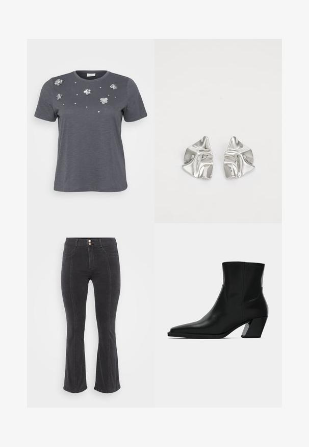 Grå bomulds T-shirt med korte ærmer, prydet med metallic blomsterapplikationer og palietter arrangeret på forsiden. Blød tekstur, afslappet pasform.; Sorte denim jeans med flared ben og høj talje, der har to forlommer og dobbeltknaplukning, glat tekstur og minimale syninger.; Sortlæder ankelstøvle med spids tå, en slank silhuet og en kraftig firkantet hæl. Glat tekstur med minimale stikninger.; Sølvmetal øreringe med et bølgende, skulpturelt design, der har en poleret overflade og uregelmæssige former, hvilket fremhæver en moderne æstetik.