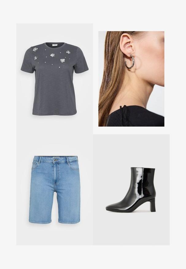 Grå bomulds T-shirt med korte ærmer, prydet med metallic blomsterapplikationer og palietter arrangeret på forsiden. Blød tekstur, afslappet pasform.; Lys blå denim shorts med klassisk pasform, der har en frontknaplukning, bæltestropper og to sidelommer. Glat tekstur og lige kant.; Sort lakeret ankelstøvle med spids tå og en midt-højde blokhæl. Glat tekstur og minimalistisk design.; Sølv hoop ørestik med en poleret overflade, prydet med små guld accenter og en rund form, båret på øreflippen.