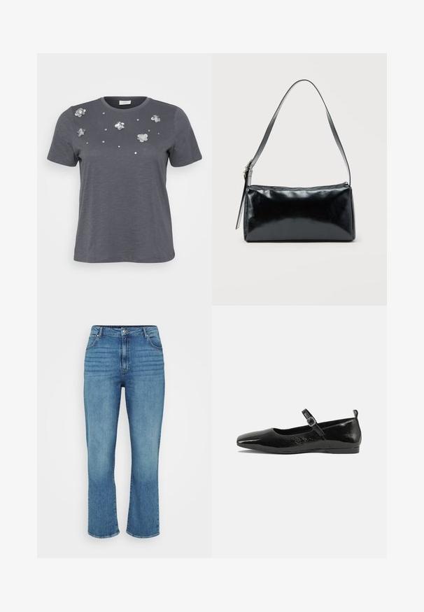Grå bomulds T-shirt med korte ærmer, prydet med metallic blomsterapplikationer og palietter arrangeret på forsiden. Blød tekstur, afslappet pasform.; Lysblå denimjeans med lige ben design, der har fem lommer, bæltestropper og subtil falming foran.; Sorte patentlæder flade sko med spidse tæer, en ankelrem med spænde og en glat, blank tekstur. Lav hæl for komfort.; Sort rektangulær skuldertaske med en enkelt justerbar rem og lynlås i toppen på en ensfarvet baggrund.