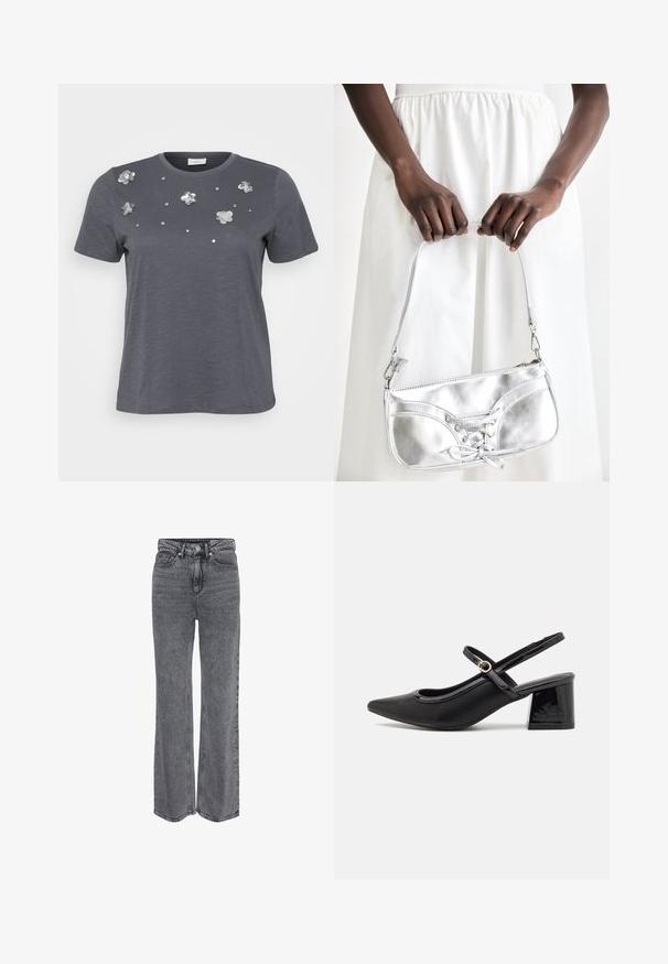 Grå bomulds T-shirt med korte ærmer, prydet med metallic blomsterapplikationer og palietter arrangeret på forsiden. Blød tekstur, afslappet pasform.; Grå denimjeans i høj talje og med lige ben, med frontknap, lynlåslukning og klassisk design med fem lommer.; Sorte patentlæder slingback hæle med spids tå, rund udskæring og blokhæl. Har en guldtonet spændeaccents.; Sølvmetallic håndtaske med snøredetaljer, der har et slankt design og en kort strop. Tasken holdes i hænderne for at fremvise dens tekstur.