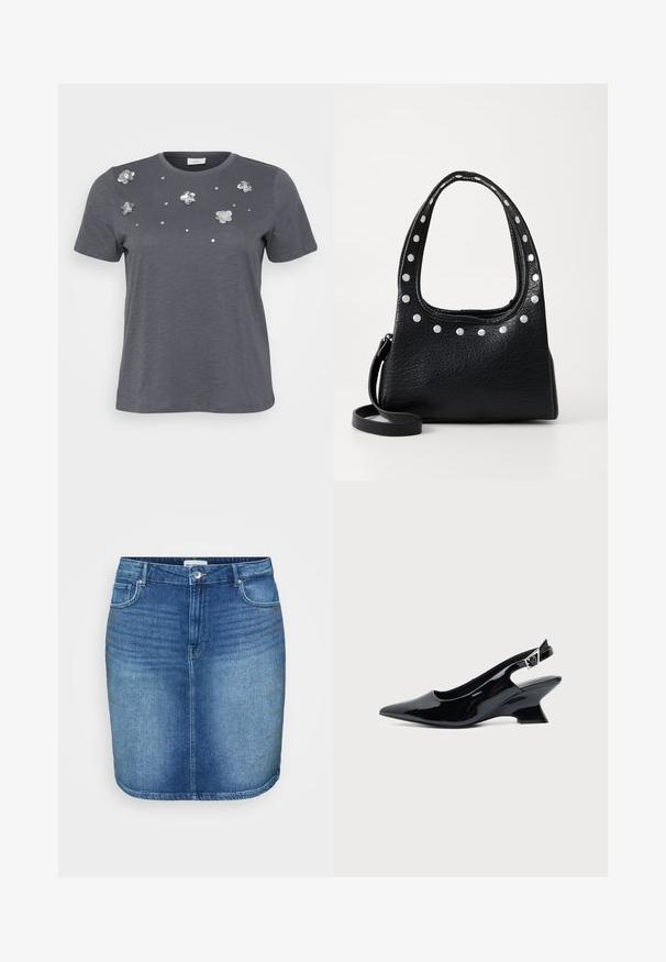 Grå bomulds T-shirt med korte ærmer, prydet med metallic blomsterapplikationer og palietter arrangeret på forsiden. Blød tekstur, afslappet pasform.; Denim nederdel i mellemblå vask med en tætsiddende design, lige snit, fem-lomme stil og en talje med knaplukning foran.; Sort laklæder slingback sko med spids tå og lav vinklet blokhæl på ensartet lys baggrund.; Sort struktureret lædertaske med sølvnitter langs den øverste kant og håndtagene, der har et kort håndtag og en aftagelig strop.