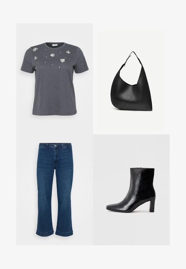 T-shirt en coton gris à manches courtes, avec des appliqués floraux métalliques et des sequins disposés sur le devant. Texture douce, coupe décontractée.; Jean bleu taille haute avec une jambe droite et un ourlet évasé, en denim. Présente un design classique à cinq poches et une fermeture à bouton en métal.; Bottine noire en cuir brillant, avec un bout pointu et un talon carré moyen, présentant une texture lisse et un design simple.; Sac à épaule en cuir noir avec forme triangulaire incurvée, une seule sangle ajustable, et une couture diagonale visible à l'avant.