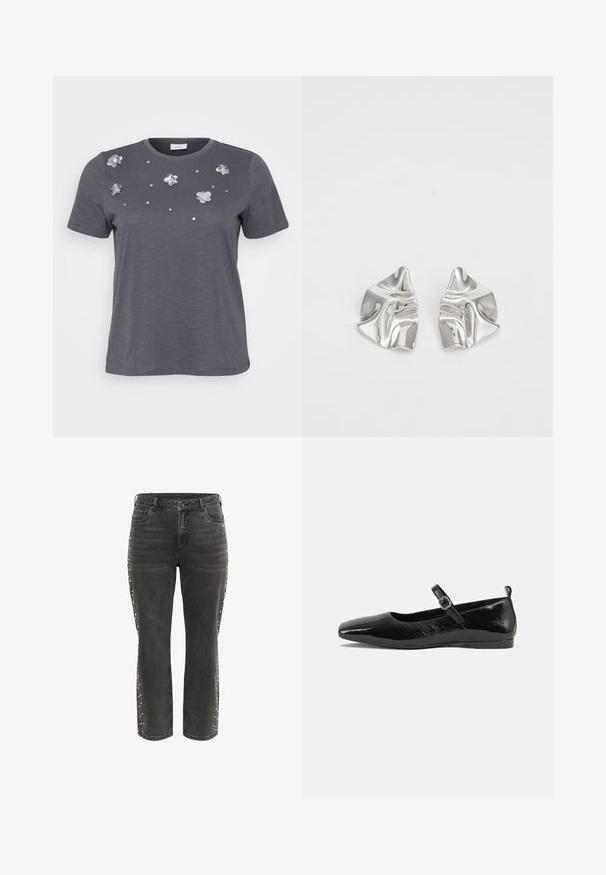 T-shirt en coton gris à manches courtes, avec des appliqués floraux métalliques et des sequins disposés sur le devant. Texture douce, coupe décontractée.; Jean droit noir taille haute avec bouton en métal, poches avant et petits clous argentés le long des coutures latérales.; Chaussure plate en cuir verni noir avec un bout pointu, une sangle de cheville avec boucles, et une texture lisse et brillante. Talon bas pour le confort.; Boucles d'oreilles en métal argenté avec un design ondulé et sculptural, présentant une finition polie et des formes irrégulières, mettant en valeur une esthétique contemporaine.