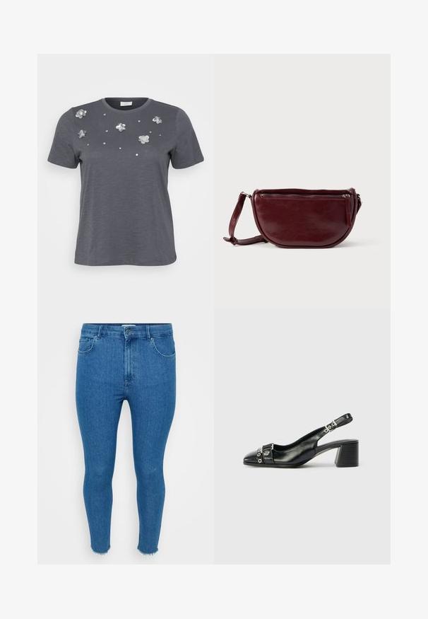 Grå bomulds T-shirt med korte ærmer, prydet med metallic blomsterapplikationer og palietter arrangeret på forsiden. Blød tekstur, afslappet pasform.; Smal blå denimjeans med høj talje, fem-lommer-design og rå kant. Materialet ser glat ud med let falmning på lårene.; Sorte læder slingback hæl med spids tå, tekstureret rem med cirkulære metalliske accenter, og en stablet blokhæl.; Vinrød læderhåndtaske med halvmåneform, lynlås og aftagelig rem. Glat tekstur med en subtil glans.