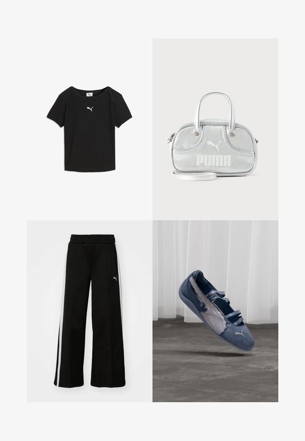 Zwart geribd Puma T-shirt met korte mouwen, ronde hals en wit Puma-logo in het midden van de borst.; Zwarte wijde broek met een elastische tailleband, verticale witte strepen, zijzakken met rits en een klein logo op de bovenbeen.; Blauwe en grijze Puma platte schoen met drie elastische bandjes, een gestructureerd zijpaneel en een wit Puma-logo, zwevend boven een betonnen vloer.; Kleine metallic zilveren Puma-handtas met dubbele bovenhengsels, een lange riem, voorlogo en ritssluiting op een effen lichte achtergrond.