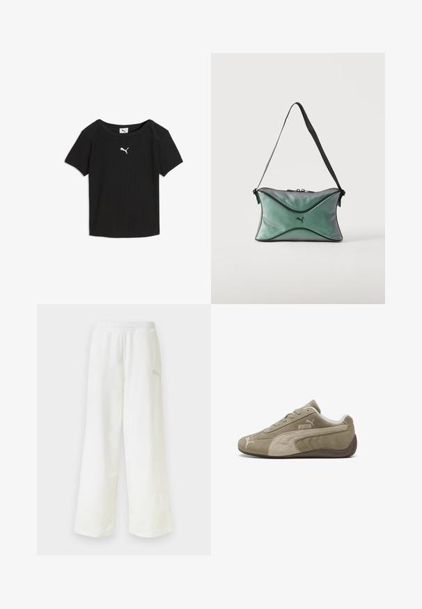 Sort ribstrikket Puma T-shirt med korte ærmer, rund halsudskæring og hvidt Puma-logo centreret på brystet.; Hvide sweatpants med løs pasform, elastisk taljebånd og diskret logo på højre lår.; Suedesneakers i lysebrun med mørkere accenter, med et lavprofil design, snørebåndslukning og et mærke logo på siden.; Lille grøn iriserende skuldertaske med sort kant, sort justerbar rem, lynlås og Puma-logo på forsiden i midten.