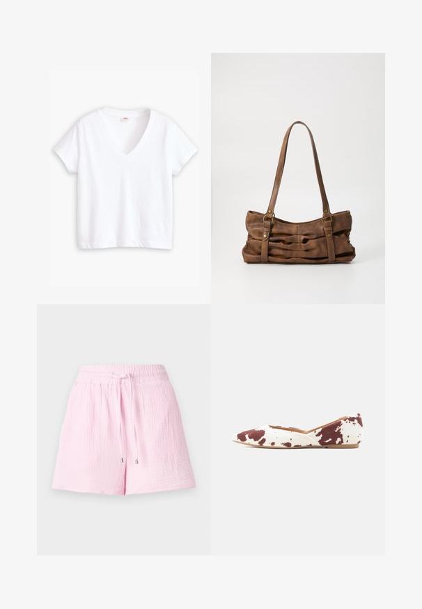 Camiseta blanca de algodón con escote en V, mangas cortas y dobladillo recto. Textura suave, diseño minimalista, sin estampados ni acentos.; Shorts de color rosa claro hechos de una tela texturizada. Cuentan con una cinturilla elástica con cordón y puntas plateadas, diseñados para la comodidad.; Zapato plano de punta fina con un patrón de piel de vaca blanca y marrón oscuro y suela beige, mostrado de lado sobre un fondo liso.; Even&Odd Bolso de mano - brown