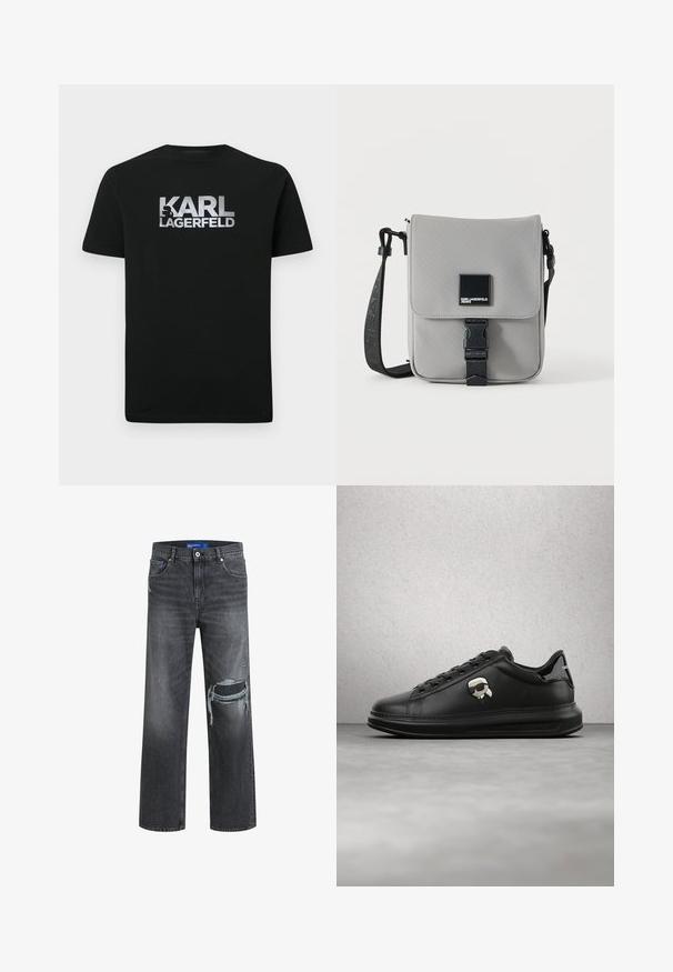Schwarzes Baumwoll-T-Shirt mit silbernem Aufdruck des Logos "KARL LAGERFELD" und einer stilisierten Silhouette. Kurzärmlig mit Rundhalsausschnitt.; Schwarze Jeans aus Denim mit lockerem Schnitt, featuring einen Used-Look und weitem Bein. Die Textur ist glatt mit dezenten Verblassungen.; Person trägt schwarze Lederhosen und schwarze Sneakers mit einem kleinen Comic-Charakter-Anhänger an der Seite, steht auf einem Holzboden.; Graue Crossbody-Tasche mit schwarzem, verstellbarem Gurt, vordere Klappe mit schwarzer Schnalle gesichert, mit quadratischem Karl Lagerfeld Jeans Logo-Patch.