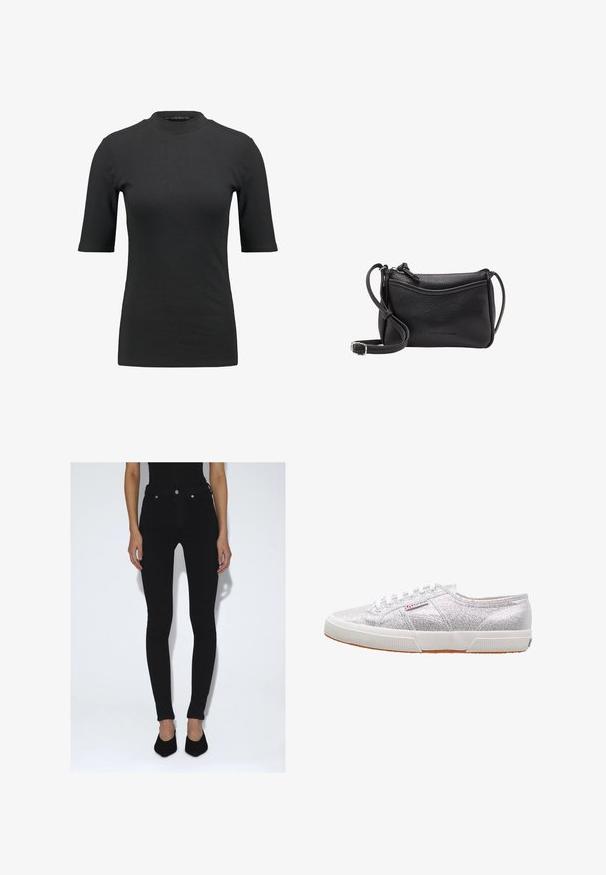 Schwarzes geripptes T-Shirt mit hohem Hals und kurzen Ärmeln. Glattes, figurbetontes Design ohne Muster oder sichtbare Hardware-Details.; Person trägt schwarze Skinny-Jeans mit hoher Taille und schwarze spitze Pumps, steht vor einem schlichten weißen Hintergrund.; Silberne Glitzer-Sneaker mit einer weißen Gummisohle, runder Zehenpartie, Schnürdesign und einem Logo-Patch an der Seite.; Kleine schwarze Leder-Crossbody-Tasche mit verstellbarem Riemen und Reißverschluss auf weißem Hintergrund.