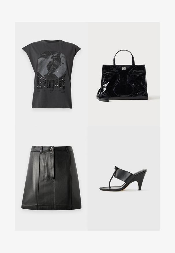 Débardeur noir avec un graphique de moto et le mot "REVOLTAIRE" orné de petits clous brillants à l'avant.; Jupe en cuir noir avec une forme structurée, dotée d'une poche avant et d'un accent métallique à la taille. Texture lisse et détails de couture.; Sandale noire à talon haut avec une large bride avant et une boucle d'orteil dotée d'un détail de corde nouée, vue de profil sur fond blanc.; Sac à main en cuir noir brillant avec poignées courtes, bandoulière amovible et détails de couture discrètement courbés à l’avant.