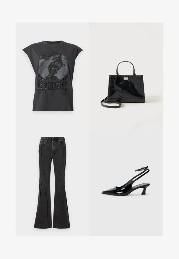 Schwarzes ärmelloses Shirt mit einem Motorradgrafik und dem Wort "REVOLTAIRE", vorne mit kleinen glänzenden Nieten verziert.; Schwarze, weit geschnittene Jeans aus Denim mit distressed Design und sichtbaren Nähdetails. Verfügt über fünf Taschen und einen Knopfverschluss an der Taille.; Schwarze Lackleder Slingback-Absätze mit spitzem Schuhblatt, niedrigem Blockabsatz und verstellbarem Knöchelriemen mit goldener Schnalle.; Schwarze Handtasche aus Lackleder mit abgerundeten Griffen, abnehmbarem Schulterriemen und silberner Verschlussklammer auf einfachem weißem Hintergrund.