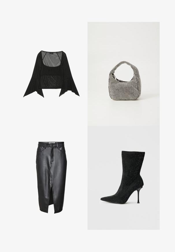Blouse en maille noire avec un col carré, un détail froncé à l'avant et des manches larges en forme de cloche. Texture légère et transparente tout au long.; Jupe en cuir noir au design mi-long, dotée d'une fente sur le devant, de passants de ceinture classiques et de détails cousus le long des coutures.; Botte noire à talons hauts avec un bout pointu, recouverte de strass scintillants, dotée d'une tige en tricot extensible et d'un talon aiguille élégant.; Sac à main noir de forme arrondie, recouvert de petits rhinestones argentés, avec une poignée courte et une fermeture zippée sur le dessus.