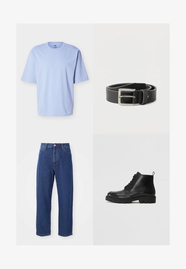 Hellblaues T-Shirt mit kurzen Ärmeln und Rundhalsausschnitt, locker geschnitten und mit dezentem kleinem Logo auf der linken Brustseite.; Hoch taillierte blaue Jeans aus Denim, mit geradem Bein, sichtbaren Nähten und einem Frontknopfverschluss.; Schwarze Leder Stiefeletten mit runder Zehe, Schnürverschluss und strukturiertem Gummisohle. Mit einer Ziehlasche an der Ferse für einfaches Anziehen.; Schwarzer Ledergürtel mit einer silbernen, rechteckigen Schnalle, der eine glatte Textur und kontrastierende helle Nähte entlang der Ränder aufweist.