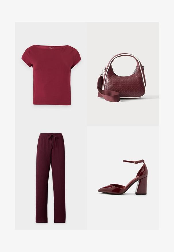 Haut court à manches courtes, de couleur bordeaux unie, avec un large décolleté et un tissu lisse, présenté sur un fond clair uni.; Pantalon bordeaux texturé avec jambes droites et taille élastique munie d’un cordon de serrage assorti.; Escarpin en cuir verni bordeaux à talon haut, avec un bout pointu, une bride de cheville et un talon épais. Texture lisse et design élégant.; Sac à main en cuir tressé marron foncé avec poignée courbée, garniture blanche, fermeture éclair argentée et bandoulière large en tissu amovible sur fond uni.