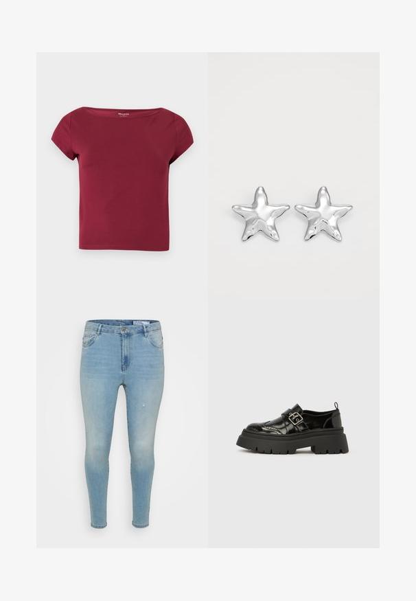 Krátky top s krátkym rukávom v jednolivej bordovej farbe so širokým výstrihom a hladkou látkou, zobrazený na jednoduchom svetlom pozadí.; Svetlomodré denim džínsy so slim fit strihom, so stredne vysokým pásom, klasickým dizajnom s piatimi vreckami a jemnými distressed detailami na prednej strane.; Čierna lakovaná kožená mokasína s hrubou podrážkou, brogue zdobením a strieborným prackovým pásikom cez priehlavok.; Strieborné náušnice v tvare hviezd s lesklým, hladkým povrchom. Každá náušnica má päť hrotov a jemné detaily povrchovej textúry.