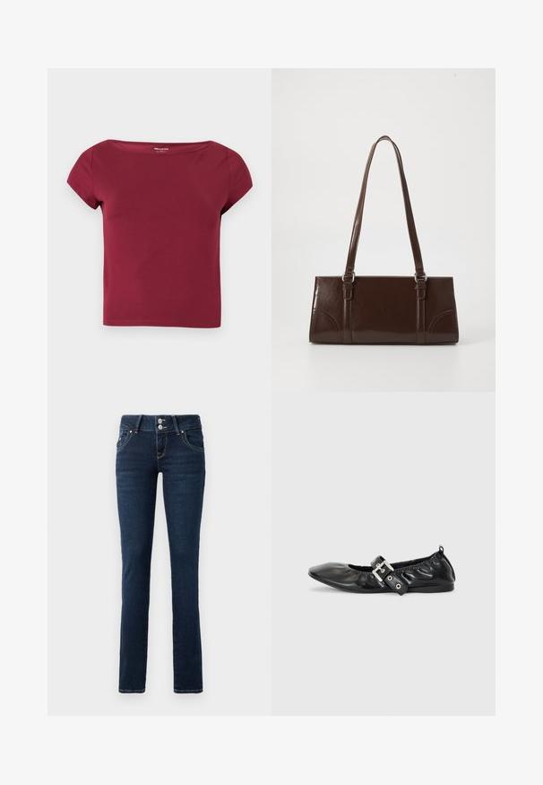 Korte mouwen, effen bordeauxkleurige cropped top met een brede halslijn en gladde stof, getoond op een effen lichte achtergrond.; Donkerblauwe skinny jeans met dubbele knoopsluiting, voorzakken en gele stiksel op een witte achtergrond.; Zwarte leren platte schoen met een spitse neus, geplooide details rond de opening en een zilveren gespaccentueerde verstelbare band.; Bruine lakleren handtas met een rechthoekige vorm, twee lange handvatten en subtiele gebogen accenten aan de voorkant.