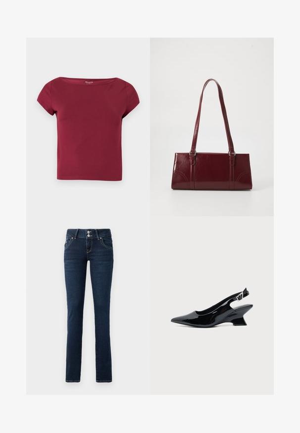 Kortærmet, ensfarvet burgunder crop top med bred halsudskæring og glat stof, vist på en ensfarvet lys baggrund.; Mørkeblå skinny jeans med dobbeltknaplukning, frontlommer og gule syninger på hvid baggrund.; Sort laklæder slingback sko med spids tå og lav vinklet blokhæl på ensartet lys baggrund.; Bordeaux håndtaske lavet af glansfuldt materiale, rektangulær form, med to skulderremme og subtile buede detaljer på forsiden.