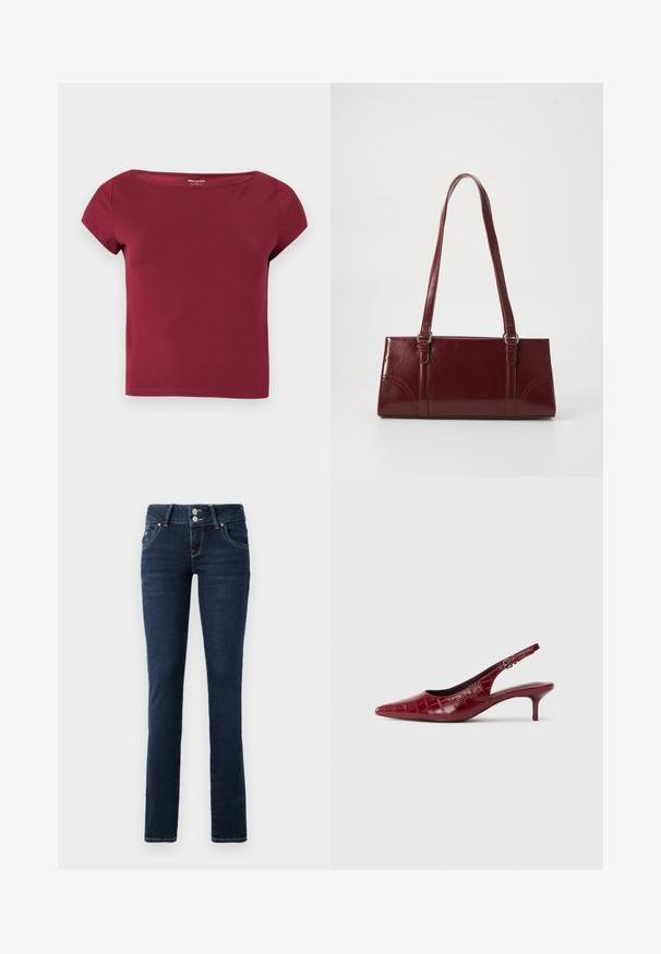 Kurzärmeliges, einfarbiges bordeauxfarbenes Cropped-Top mit breitem Ausschnitt und glattem Stoff, auf hellem, einfarbigem Hintergrund gezeigt.; Dunkelblaue Skinny-Jeans mit doppelt-knopfverschluss, Fronttaschen und gelben Nähten auf einem weißen Hintergrund.; Burgunderfarbene Leder-Slingback-Pumpe mit Krokodilleder-Textur, spitzem Zehenbereich, verstellbarem Riemen mit Schnalle und niedrigem Kitten-Absatz auf einem weißen Hintergrund.; Burgunderfarbene Handtasche aus glänzendem Material, rechteckige Form, mit zwei Schulterriemen und subtilen, geschwungenen Akzenten an der Vorderseite.