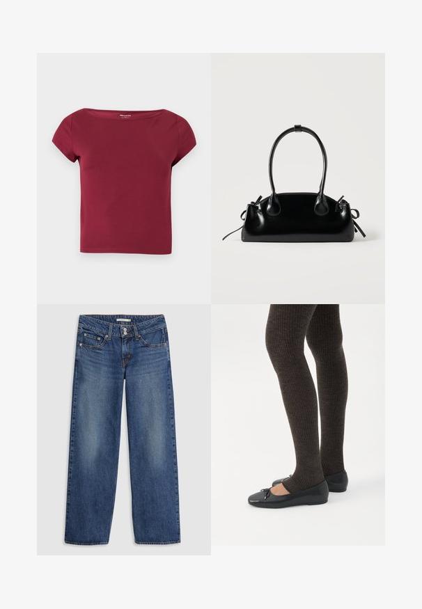 Kortærmet, ensfarvet burgunder crop top med bred halsudskæring og glat stof, vist på en ensfarvet lys baggrund.; Blå denim bredbenede jeans med knaplukning, fem lomme-design, let falming på lårene og syningsdetaljer på sømmene.; Ben iført mørke ribbede leggings kombineret med sorte balletsko med små sløjfedetaljer på hvid baggrund.; Lille sort blank håndtaske med to lange håndtag og snøre-detaljer i siden på en ensfarvet lys baggrund.