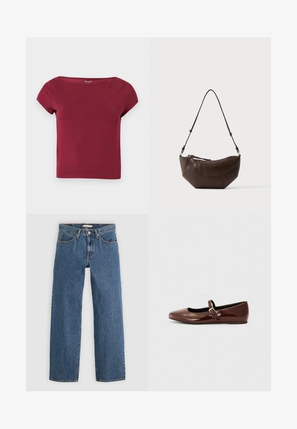 Kortærmet, ensfarvet burgunder crop top med bred halsudskæring og glat stof, vist på en ensfarvet lys baggrund.; Blå denim jeans med lige pasform, der har fem lommer, knaplukning og kontrastsyninger langs sømmene.; Brun patentlæder balletflade med firkantet tå og strop med en lille guldbuckle. Glat tekstur, lav hæl og minimalistisk design.; Brun læder skuldertaske med buet bund og justerbar rem mod en ensfarvet lys baggrund.