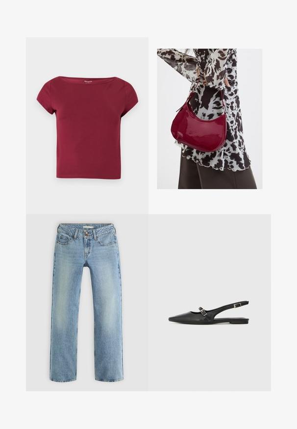 Kortærmet, ensfarvet burgunder crop top med bred halsudskæring og glat stof, vist på en ensfarvet lys baggrund.; Lyseblå lige ben jeans lavet af denim, med knaplukning, fem lommer og subtil falmning langs benene.; Sorte læder slingback-sko med spids tå, med en smal rem og en sølvspænde-detalje på siden. Flad sål.; Kvinde iført en sort- og hvidmønstret bluse, der holder en blank rød skuldertaske mod en ensfarvet baggrund.