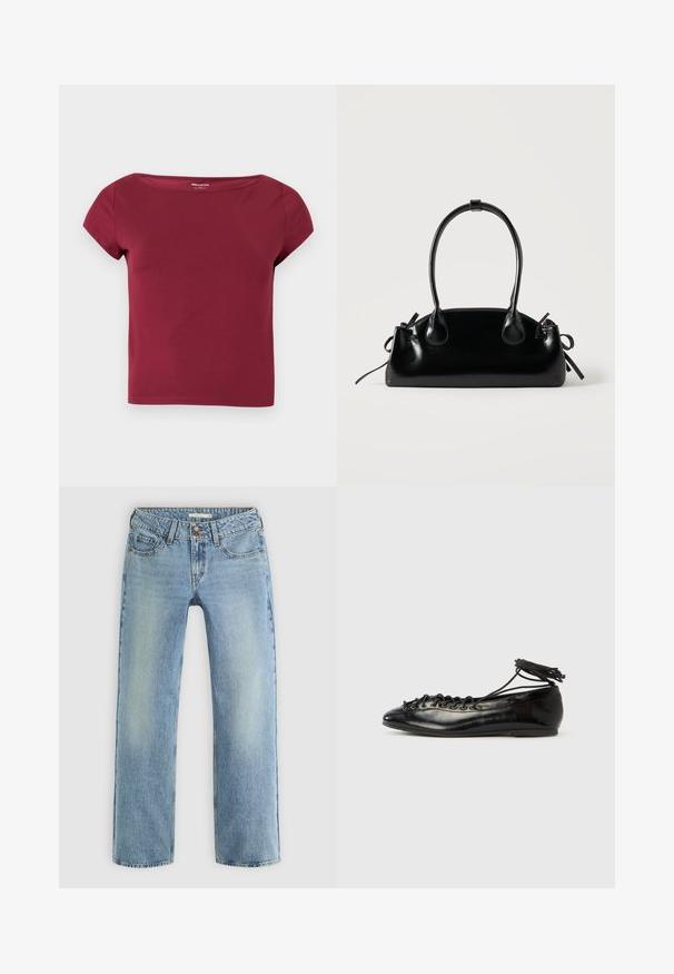 Kortærmet, ensfarvet burgunder crop top med bred halsudskæring og glat stof, vist på en ensfarvet lys baggrund.; Lyseblå lige ben jeans lavet af denim, med knaplukning, fem lommer og subtil falmning langs benene.; Sorte balletflade sko i laklæder med rundet tå, snørelukning og flad sål. Glat tekstur med få detaljer.; Lille sort blank håndtaske med to lange håndtag og snøre-detaljer i siden på en ensfarvet lys baggrund.