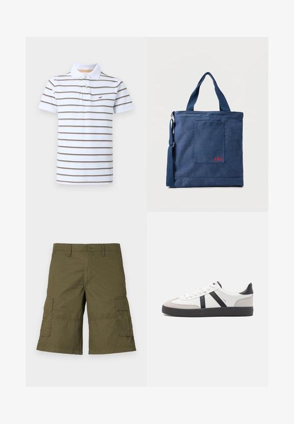 Polo blanc à manches courtes avec des rayures horizontales marron, deux boutons et un petit logo rouge brodé sur la poitrine gauche.; Shorts cargo vert olive avec fermeture à bouton, plusieurs poches latérales et détails cousus. Fabriqués en tissu durable avec une coupe décontractée.; Baskets blanches avec des accents noirs et gris, présentant un embout texturé gris, une semelle en caoutchouc noir et des lacets plats blancs. Design épuré, style minimaliste.; Sac fourre-tout en toile bleue avec poche frontale et broderie rouge "O.N.S", doté de doubles poignées et d'une bandoulière réglable.