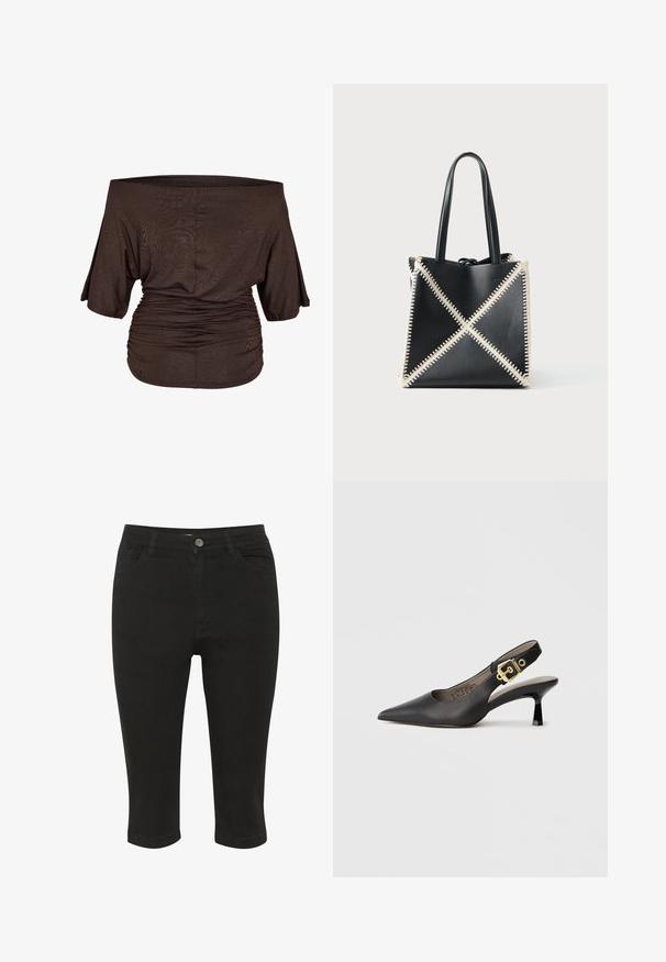 Noisy May NMJUNE - T-shirts basic - chocolate brown; Sorte denim capri bukser med tætsiddende design, frontlommer og en enkelt knaplukning, der har en glat tekstur og ankel længde.; Sort slingback højhælt sko med spids tå, glat læderstruktur og en guldfarvet spændeaccent på remmen.; Sort læder tote taske med cremefarvet syning, der skaber et X-mønster. Har to sorte håndtag og en uformet form.