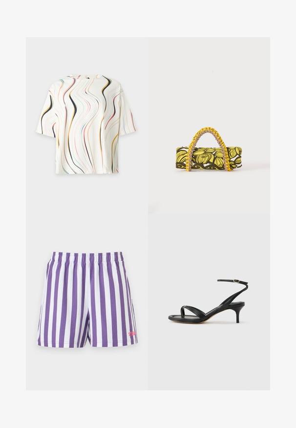 Chemise blanche à manches courtes avec un col montant présentant des rayures verticales ondulées multicolores en noir, jaune, rouge, bleu et vert.; Shorts à rayures verticales violet et blanc avec taille élastique et petit logo rouge en bas de la jambe droite.; Sandale pour femme en cuir noir avec fines lanières, une boucle d'orteil, une boucle à la cheville et un talon aiguille de hauteur moyenne sur un fond neutre.; Sac rectangulaire avec motif floral jaune et noir et anse tressée jaune et rose sur fond blanc.