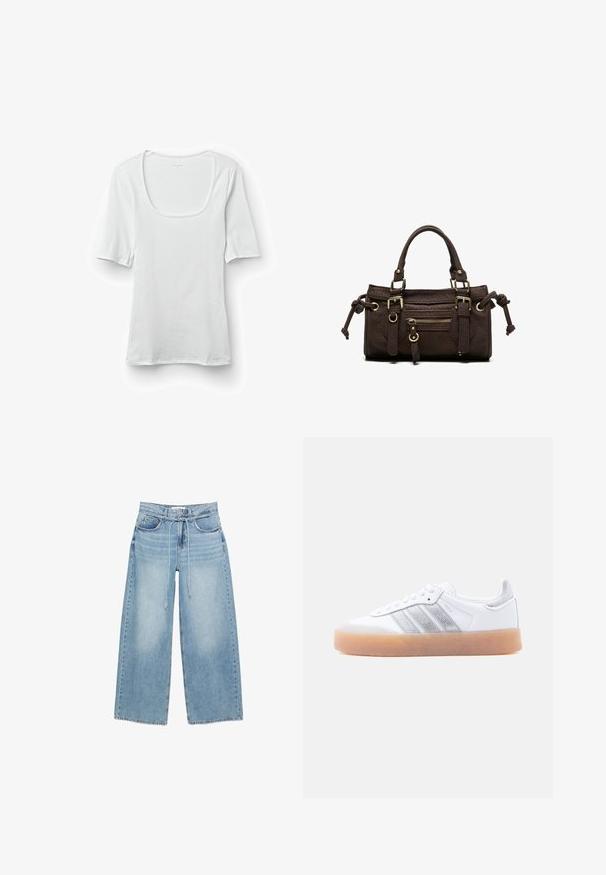 Weißes Kurzarmoberteil mit quadratischem Ausschnitt und gerippter Textur. Hergestellt aus einem weichen, elastischen Stoff für Komfort.; Hellblaue Jeans mit weitem Bein, hoher Taille, Vorderseitentaschen, Gürtelschlaufen und dünnem verstellbarem Kordelzuggürtel.; Weißer Sneaker in niedrigem Schnitt mit brauner Sohle, seitlichen silbernen Streifenakzenten und Schnürverschluss, dargestellt vor hellem einfarbigem Hintergrund.; Dunkelbraune Lederhandtasche mit doppelten Griffen, vorderer Reißverschlusstasche, dekorativen Schnallen und seitlichen Knoten auf weißem Hintergrund.