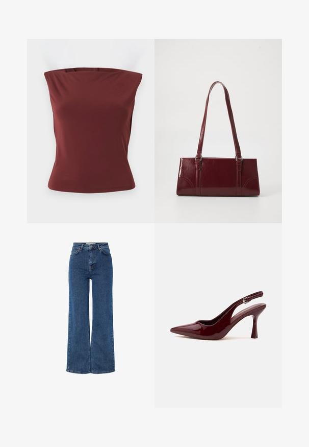 Mouwloze, bandloze aansluitende top in effen donkerrode stof met een rechte halslijn en een gladde textuur.; Hoge taille blauwe denim jeans met brede pijpen, voorzien van een traditionele vijf-pocket ontwerp, metalen knoopsluiting en contrasterende stiksels.; Glanzende donkerrode slingback pump met spitse neus, smalle verstelbare band en taps toelopende naaldhak op witte achtergrond.; Bourgondische handtas van glanzend materiaal, rechthoekige vorm, met twee schouderbanden en subtiele gebogen accenten aan de voorkant.