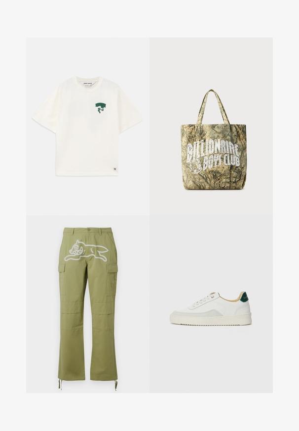 T-shirt en coton couleur crème à manches courtes, avec un design graphique vert sur la poitrine et une petite étiquette logo en bas.; Icecream RUNNING DOG PANTS - Pantalon cargo - green; Baskets blanches avec des accents en daim, bout arrondi, lacets plats et semelle en caoutchouc crème. Présente une marque verte sur le talon.; Sac fourre-tout à motif camouflage en tissu texturé avec deux poignées. Présente un logo blanc bien visible sur un côté.